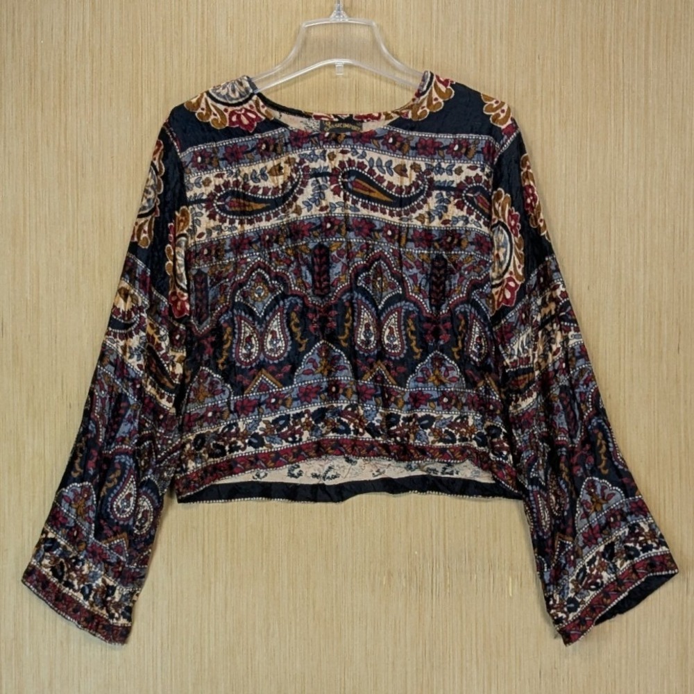 Womens Boho Indie Hippie Paisley Velvet Crop Top Size XL Colorful Bell Sleeve